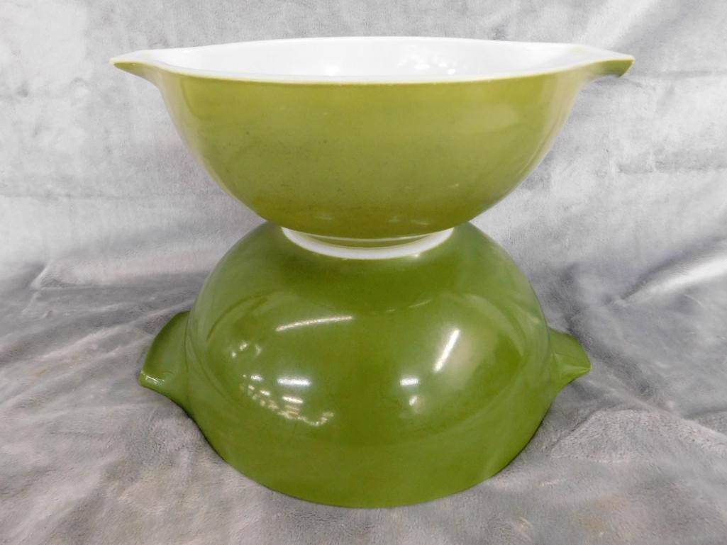 Pyrex Green Mixing Bowls - Some Wear - 8.75" and 10.5" - 7
