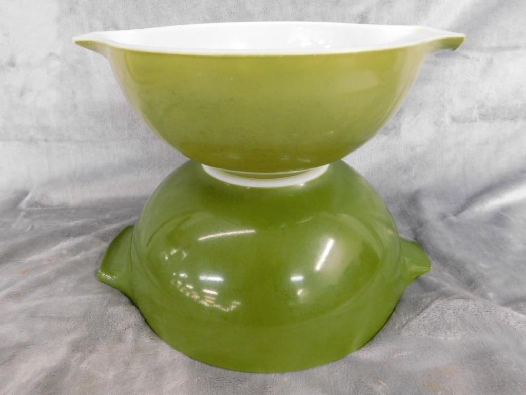 Pyrex Green Mixing Bowls - Some Wear - 8.75" and 10.5" - 8