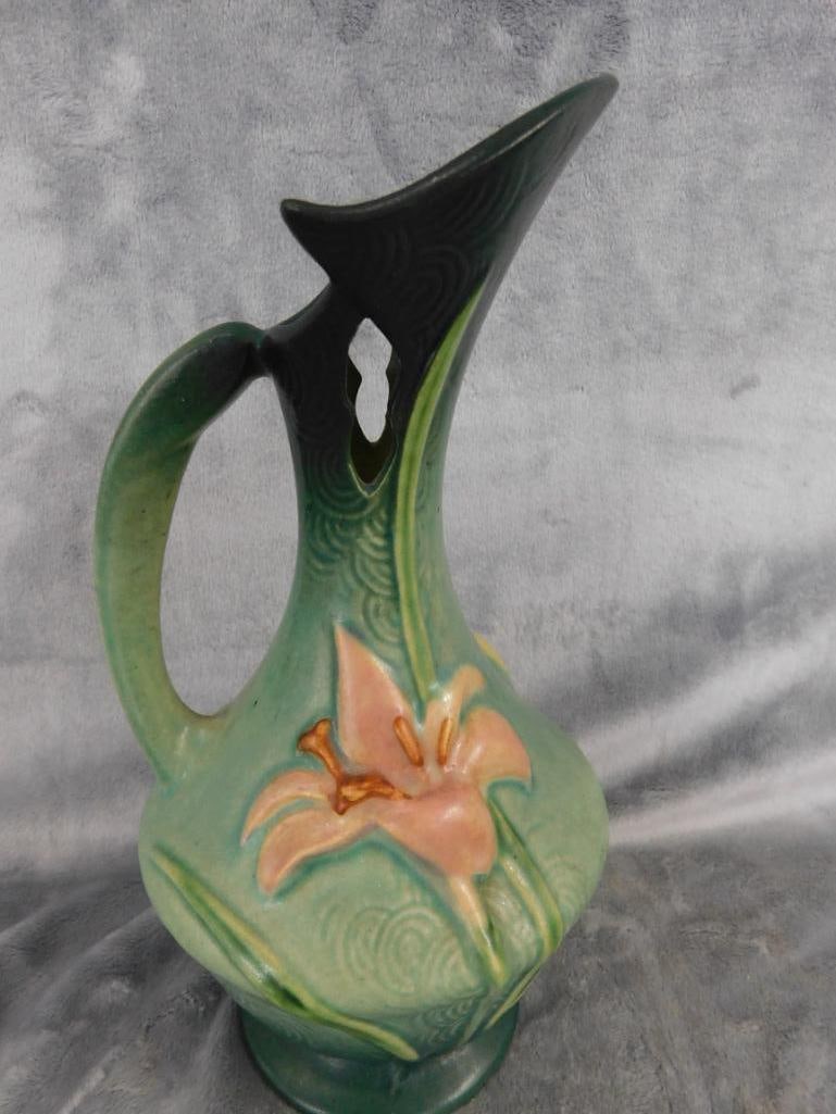 Roseville Ewer - 23-10" - Zephyr Lily Pattern - Green - 10.75" x 5.5" - 6