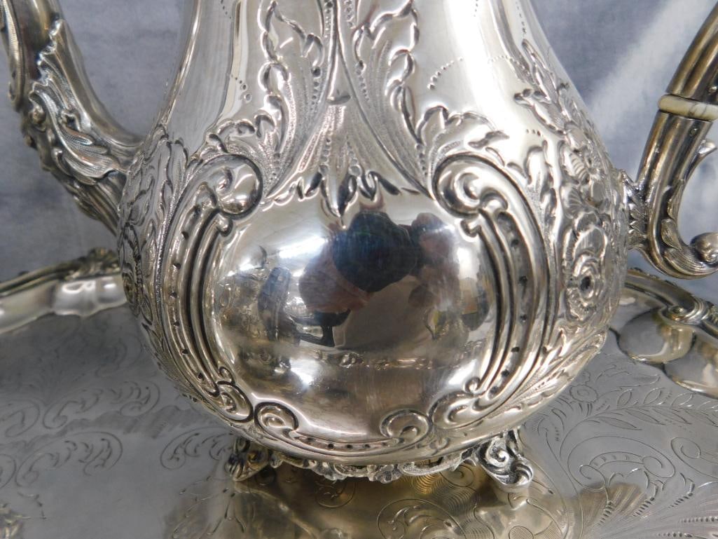 Vintage 5 Piece Silver Over Copper Coffee and Tea Set with Tray - 19