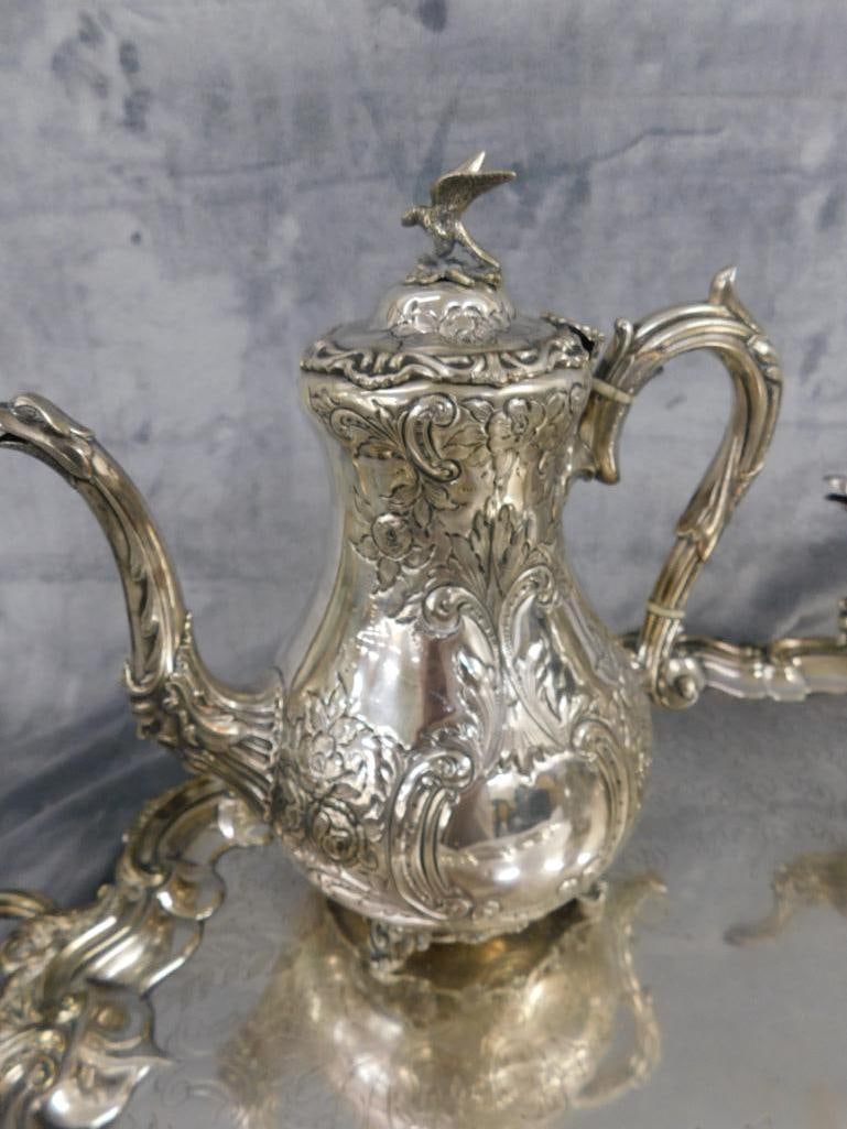 Vintage 5 Piece Silver Over Copper Coffee and Tea Set with Tray - 2