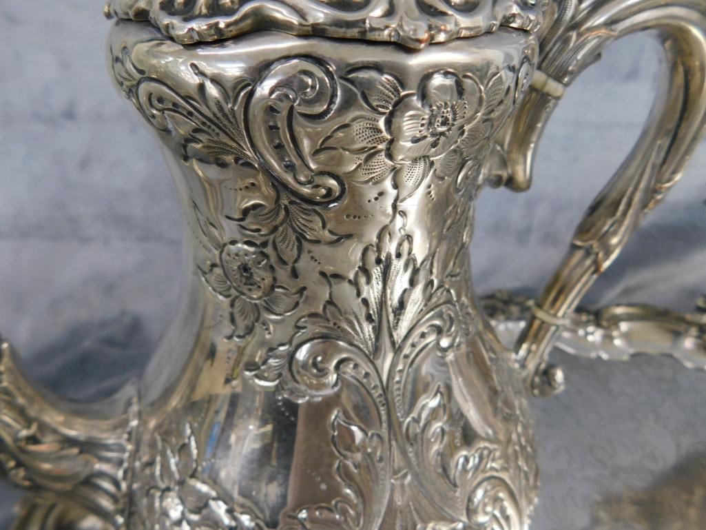 Vintage 5 Piece Silver Over Copper Coffee and Tea Set with Tray - 5