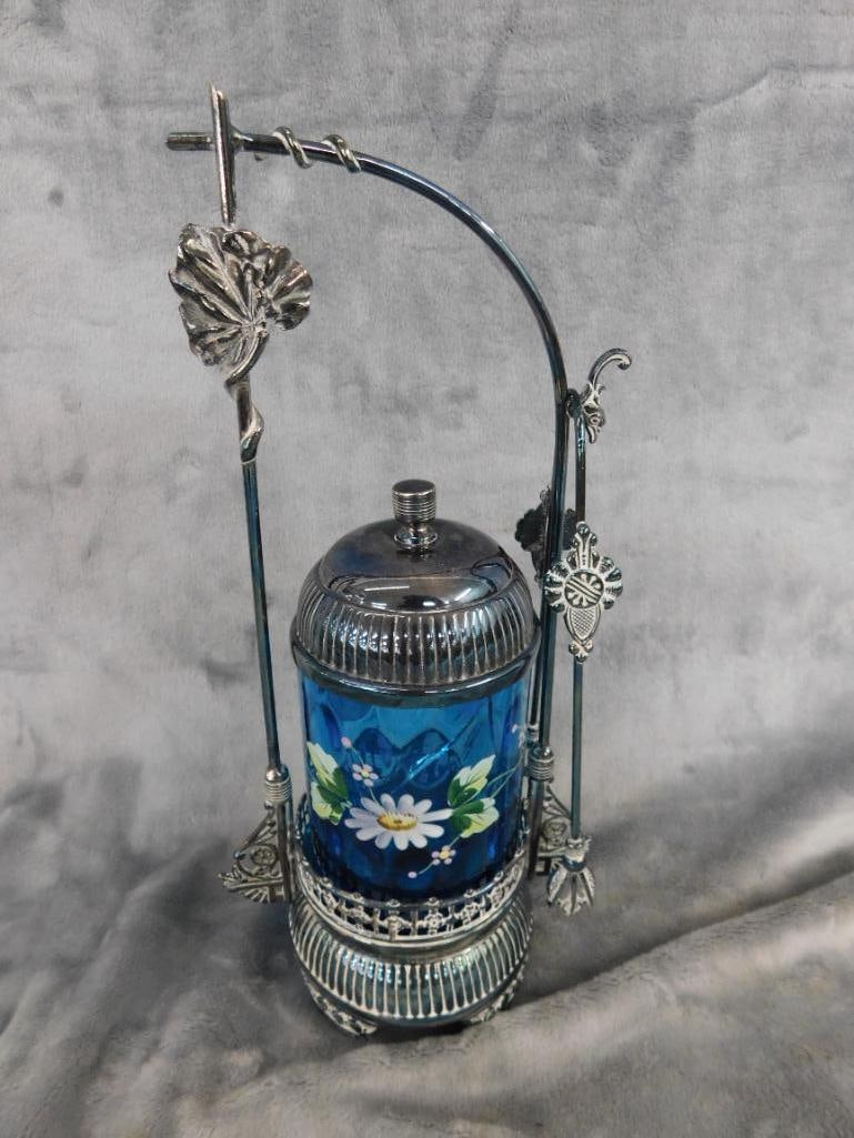 Vintage Hand Enameled Glass and Silver Plate Pickle Jar with Tongs - 12.25" x 6" x 4" - 10