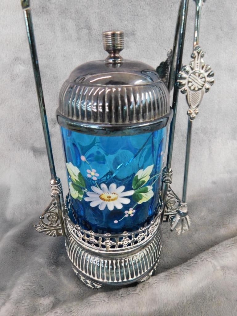 Vintage Hand Enameled Glass and Silver Plate Pickle Jar with Tongs - 12.25" x 6" x 4" - 11
