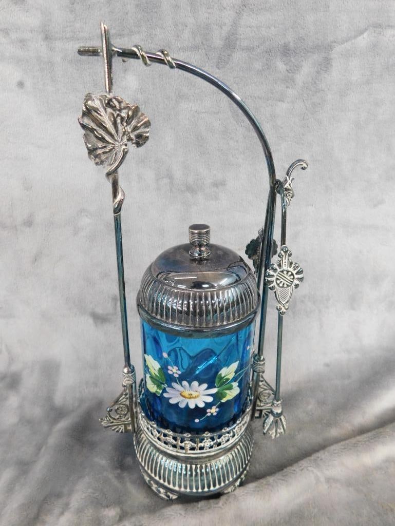 Vintage Hand Enameled Glass and Silver Plate Pickle Jar with Tongs - 12.25" x 6" x 4" - 12