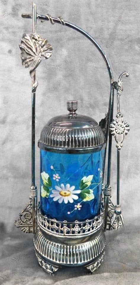 Vintage Hand Enameled Glass and Silver Plate Pickle Jar with Tongs - 12.25" x 6" x 4": Crack in the Glass - See Photos For Condition and Details