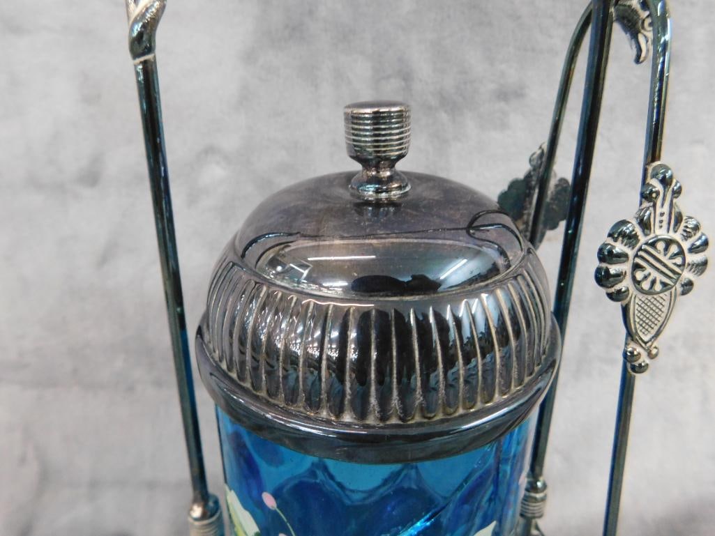 Vintage Hand Enameled Glass and Silver Plate Pickle Jar with Tongs - 12.25" x 6" x 4" - 3