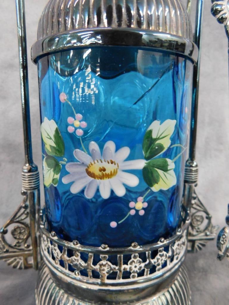 Vintage Hand Enameled Glass and Silver Plate Pickle Jar with Tongs - 12.25" x 6" x 4" - 4
