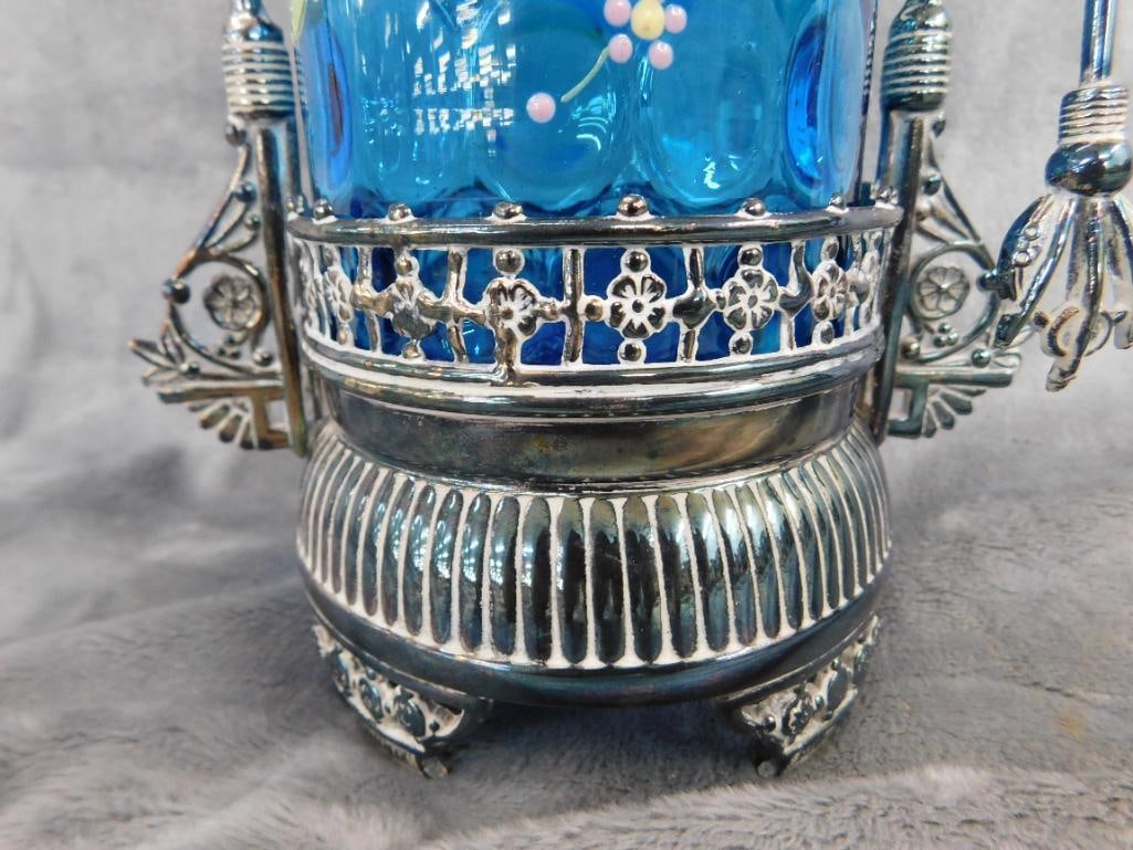 Vintage Hand Enameled Glass and Silver Plate Pickle Jar with Tongs - 12.25" x 6" x 4" - 5