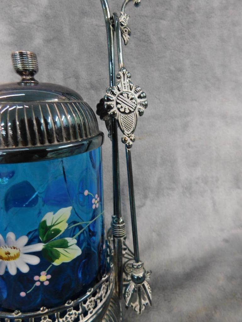 Vintage Hand Enameled Glass and Silver Plate Pickle Jar with Tongs - 12.25" x 6" x 4" - 6