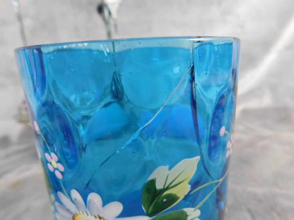 Vintage Hand Enameled Glass and Silver Plate Pickle Jar with Tongs - 12.25" x 6" x 4" - 7