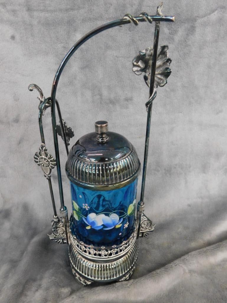 Vintage Hand Enameled Glass and Silver Plate Pickle Jar with Tongs - 12.25" x 6" x 4" - 8