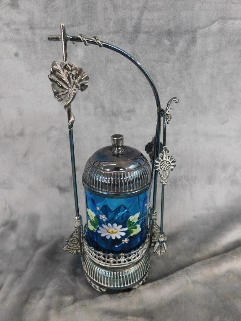 Vintage Hand Enameled Glass and Silver Plate Pickle Jar with Tongs - 12.25" x 6" x 4" - 9