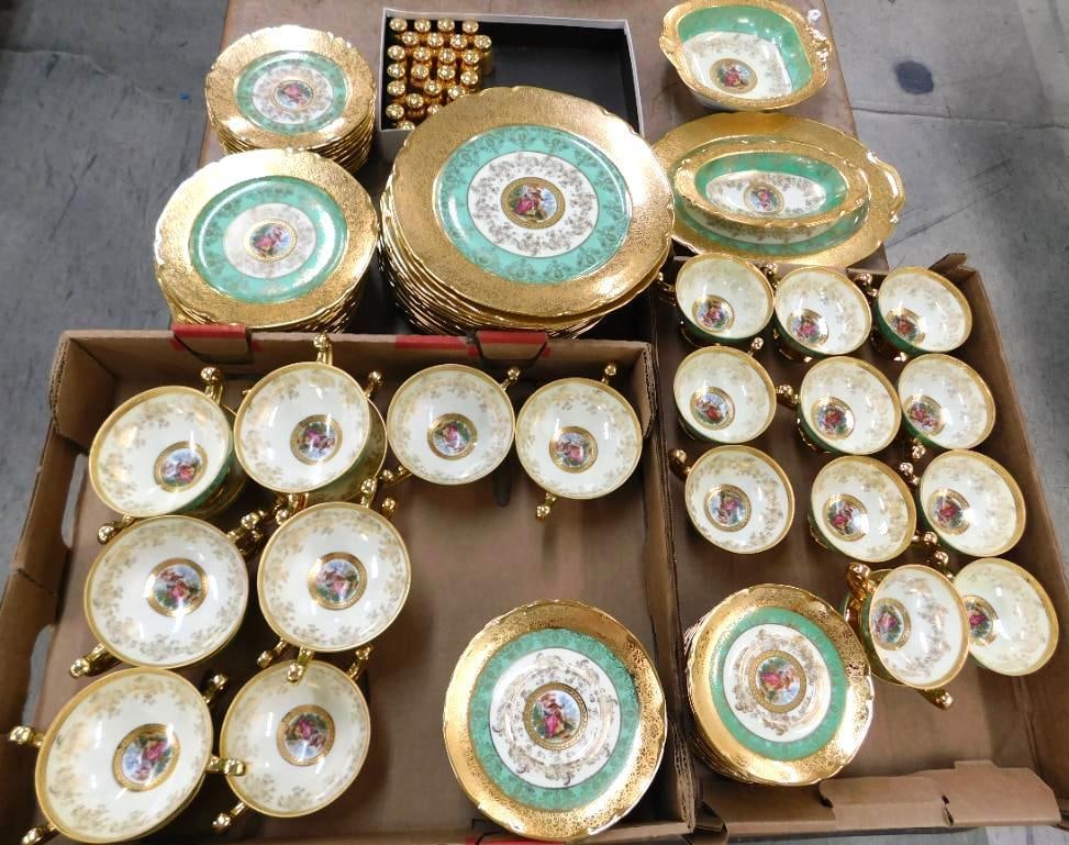 94 Piece Victoria Czechoslovakia China Set - 24K Gold Highlighted: Plus 26 Salt and Pepper Shakers - See Photos For Condition and Details