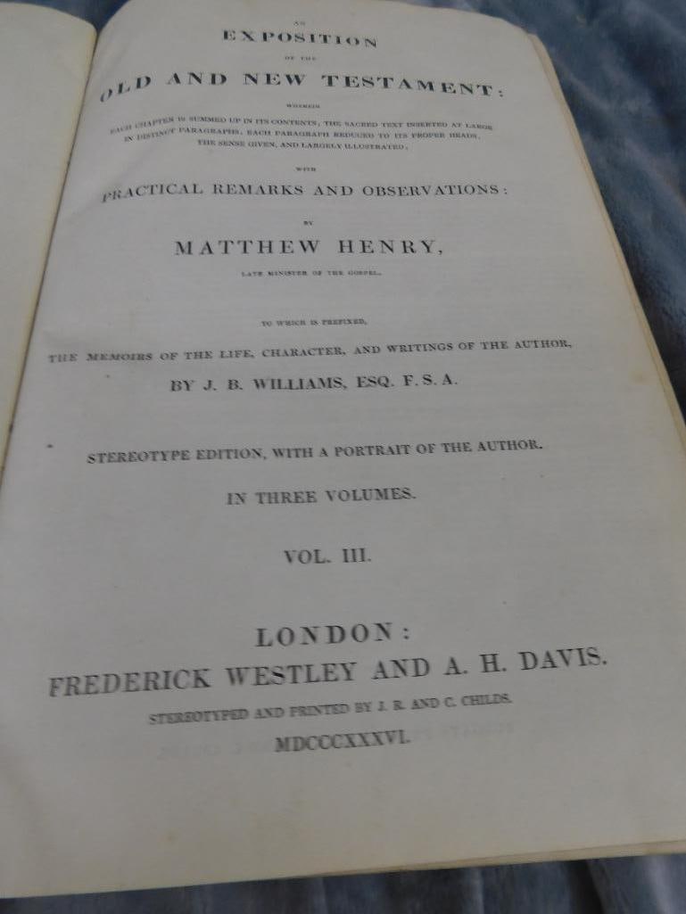 1836 3 Volume Set - "Exposition of The Old and New Testament" - Mathew Henry - 12