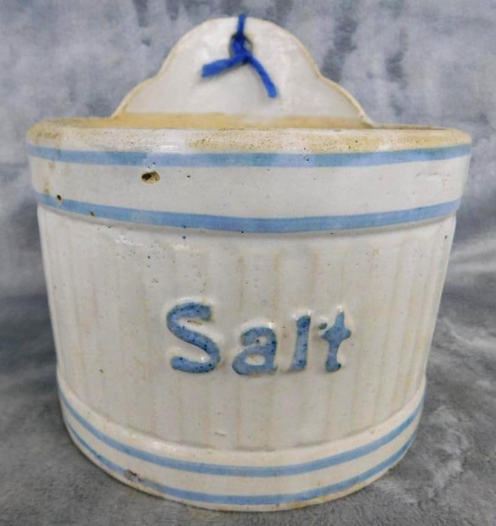 Vintage Pottery Salt Box - Wall Hung - No Lid - Has Hairline Crack - 6" x 6": See Photos For Condition and Details
