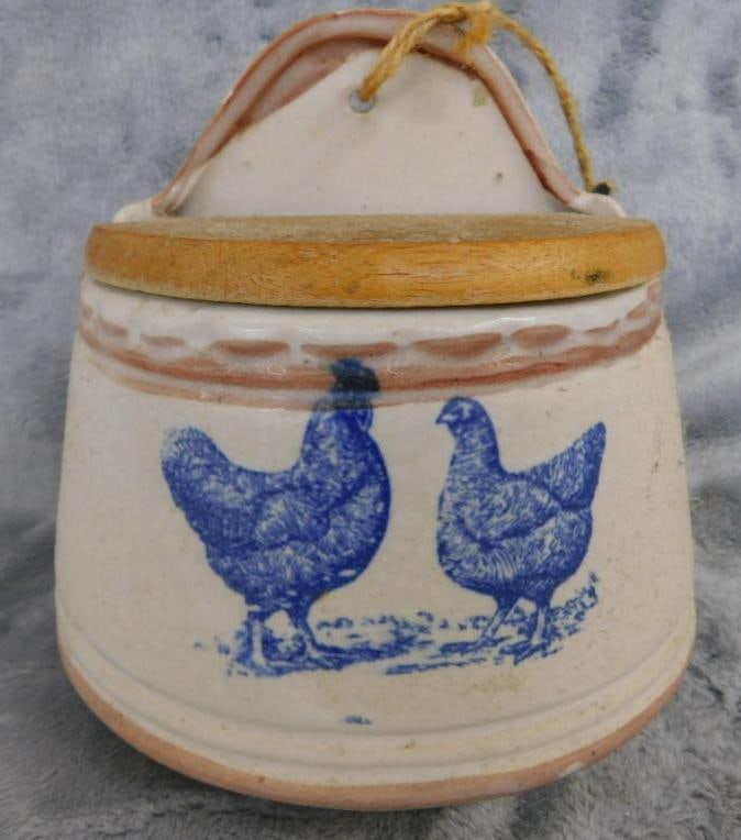 Vintage Pottery Salt Box - Wall Hung - With Wood Lid - 5.75" x 6"x 4": See Photos For Condition and Details