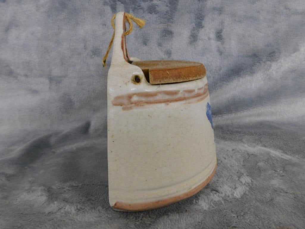Vintage Pottery Salt Box - Wall Hung - With Wood Lid - 5.75" x 6"x 4" - 2