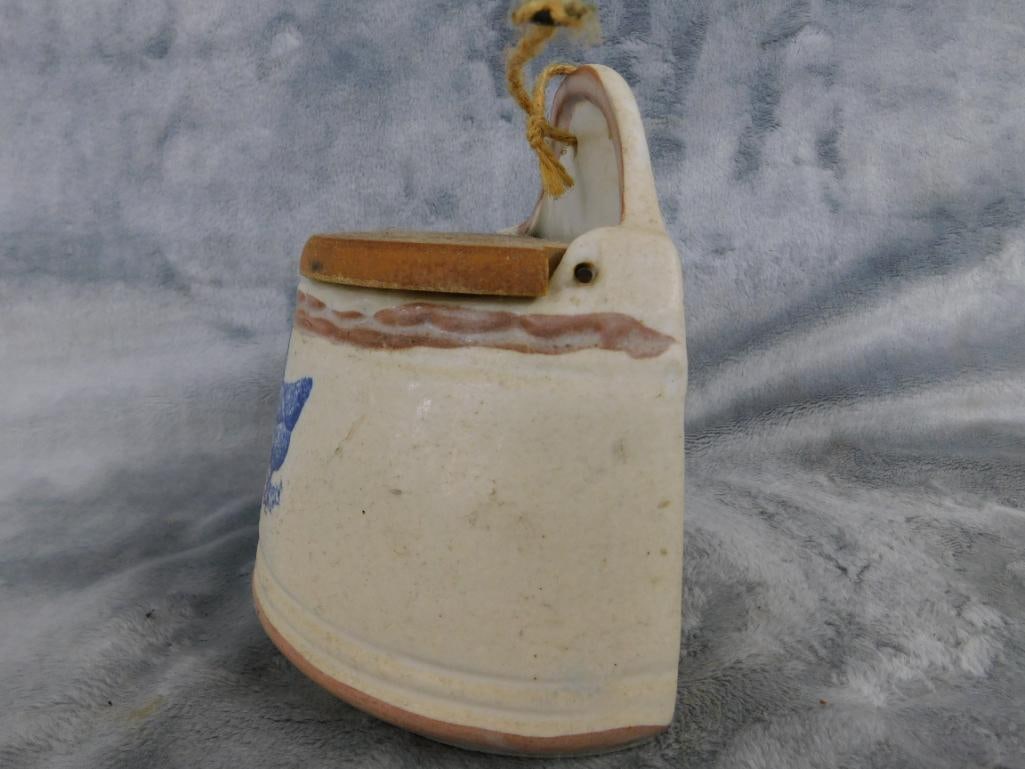 Vintage Pottery Salt Box - Wall Hung - With Wood Lid - 5.75" x 6"x 4" - 4
