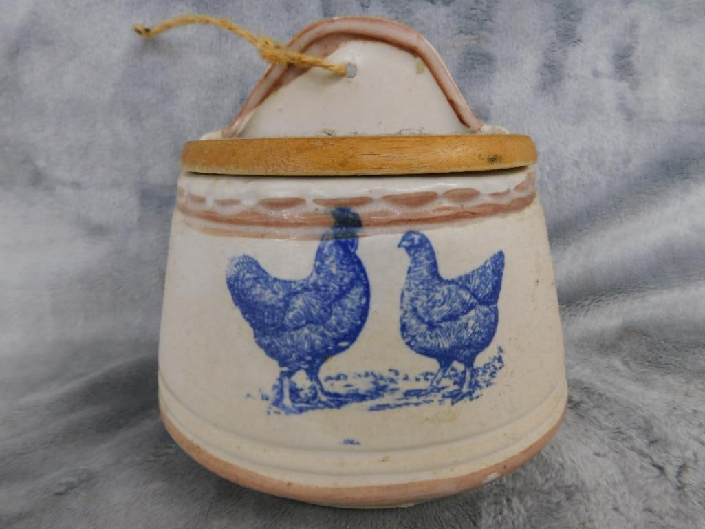 Vintage Pottery Salt Box - Wall Hung - With Wood Lid - 5.75" x 6"x 4" - 6