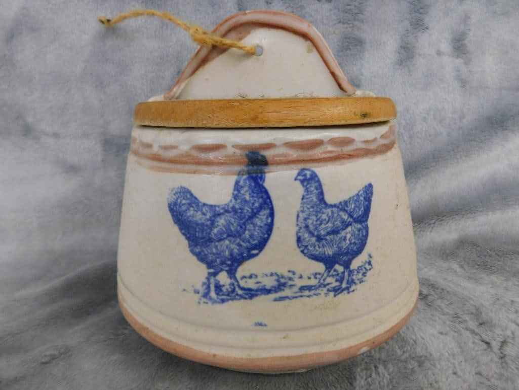 Vintage Pottery Salt Box - Wall Hung - With Wood Lid - 5.75" x 6"x 4" - 7