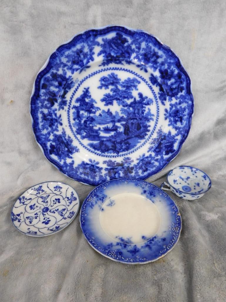 4 pieces of Vintage Flow Blue - Adams - LaBelle - and 2 Unsigned - 13