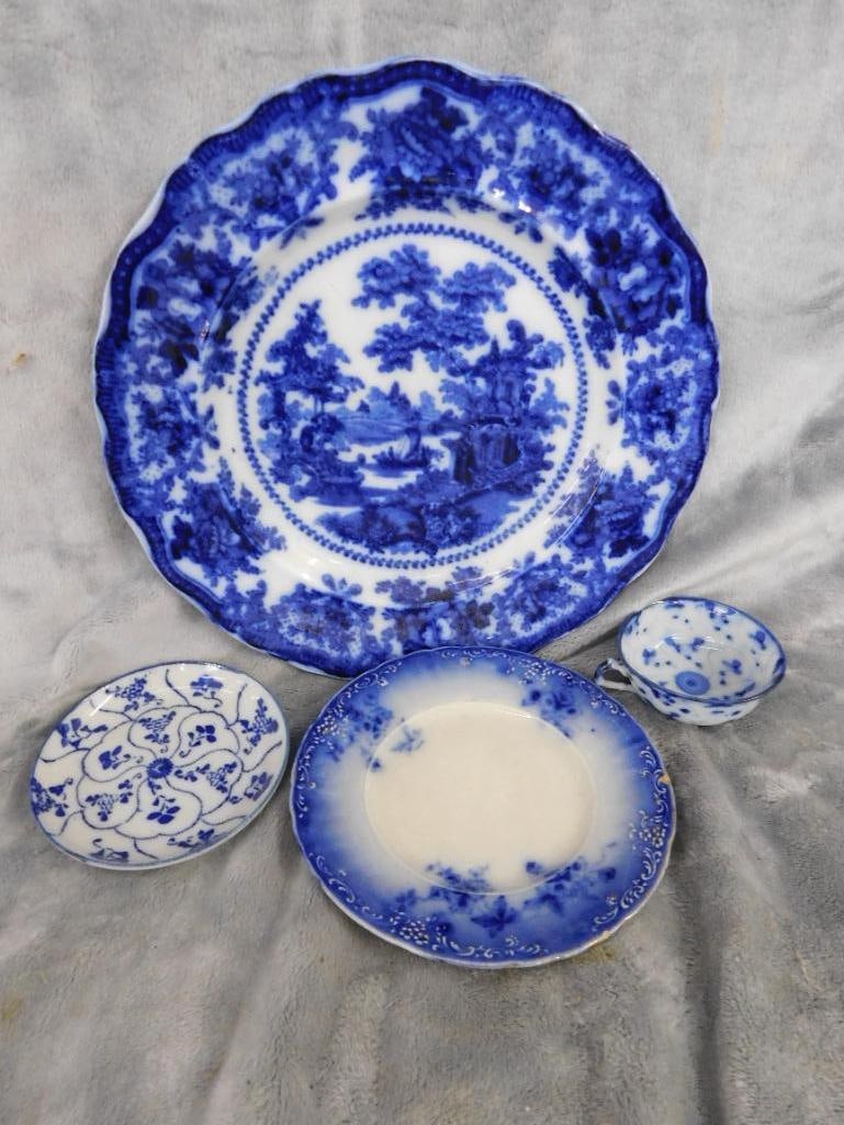 4 pieces of Vintage Flow Blue - Adams - LaBelle - and 2 Unsigned - 14