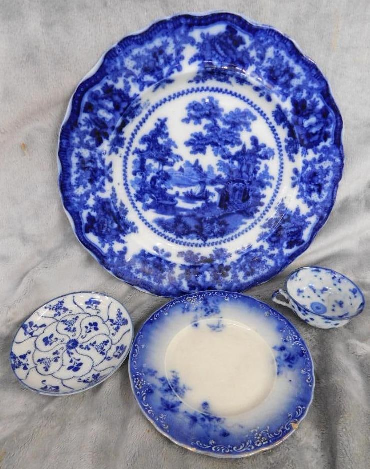4 pieces of Vintage Flow Blue - Adams - LaBelle - and 2 Unsigned: Large Plate is 10.5" - See Photos For Condition and Details