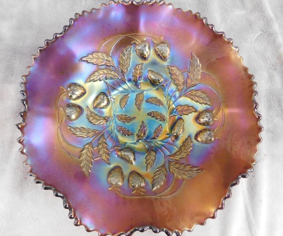 Northwoods Carnival Glass Bowl - Amethyst Base Glass - Strawberry Theme - 2.5" x 8.5": See Photos For Condition and Details