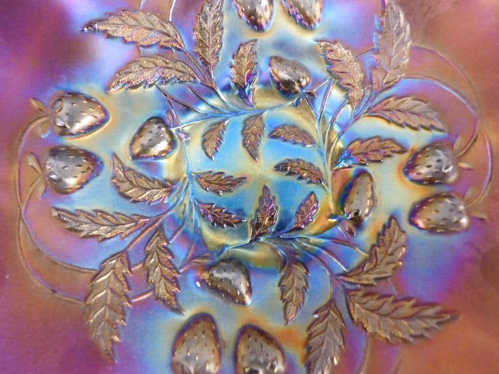 Northwoods Carnival Glass Bowl - Amethyst Base Glass - Strawberry Theme - 2.5" x 8.5" - 2