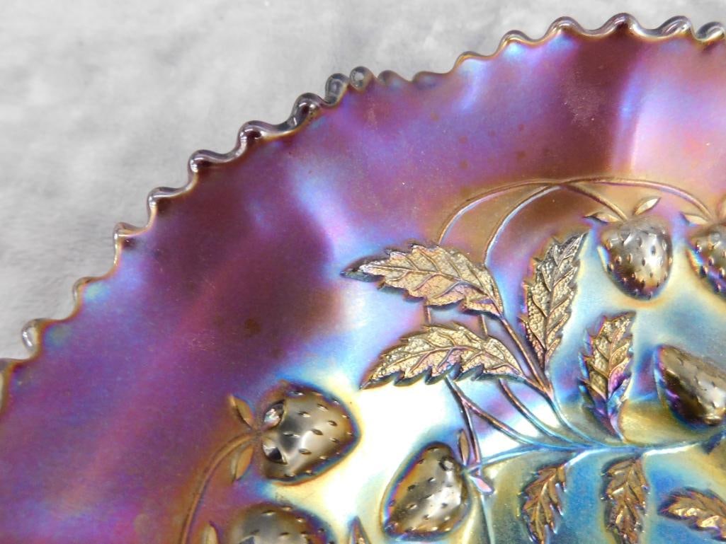 Northwoods Carnival Glass Bowl - Amethyst Base Glass - Strawberry Theme - 2.5" x 8.5" - 3