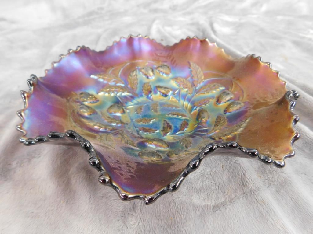 Northwoods Carnival Glass Bowl - Amethyst Base Glass - Strawberry Theme - 2.5" x 8.5" - 6
