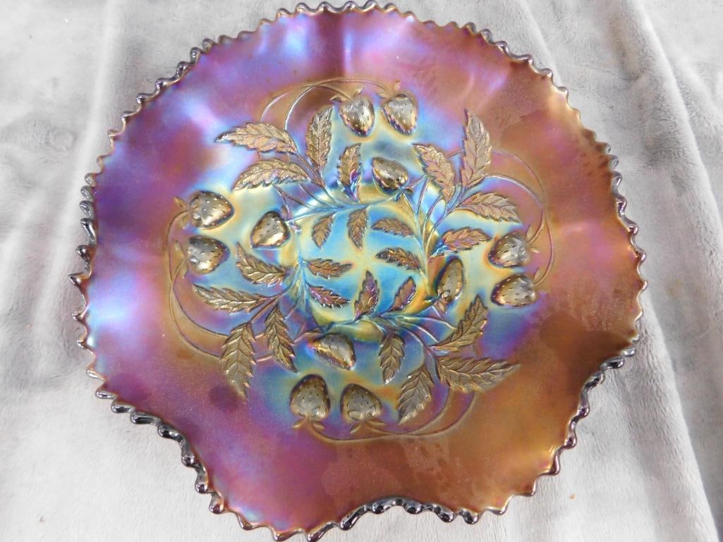 Northwoods Carnival Glass Bowl - Amethyst Base Glass - Strawberry Theme - 2.5" x 8.5" - 7