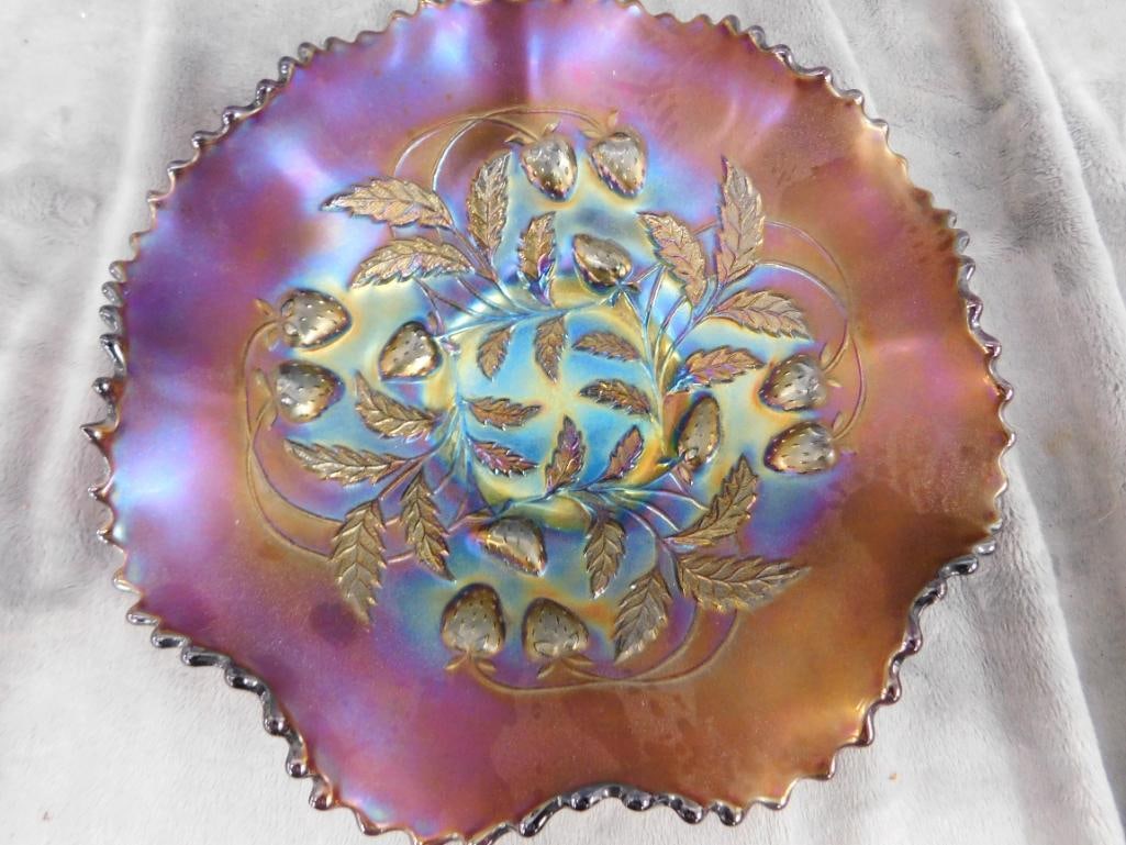 Northwoods Carnival Glass Bowl - Amethyst Base Glass - Strawberry Theme - 2.5" x 8.5" - 8