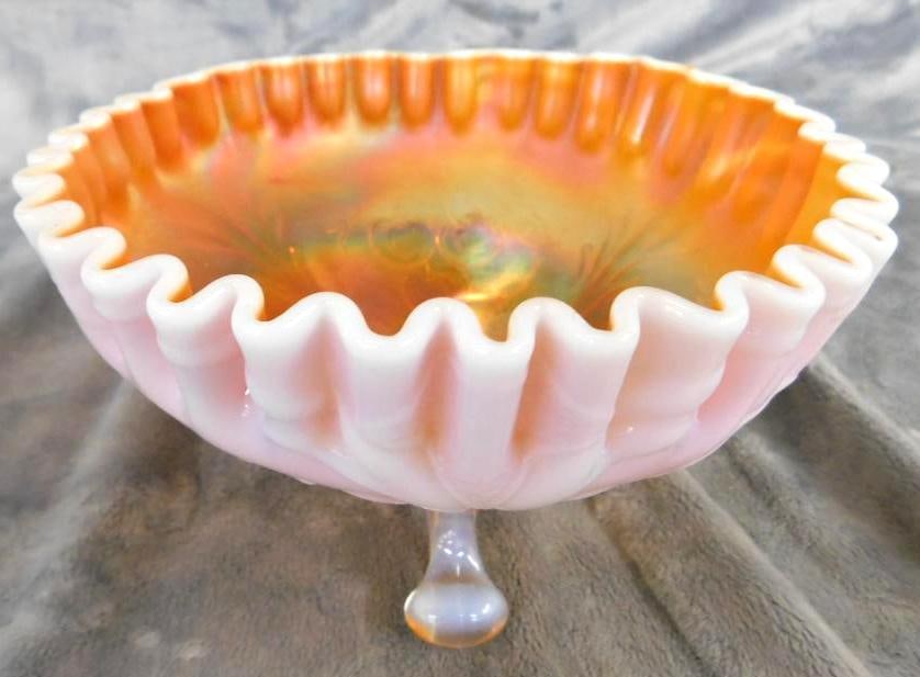Carnival Glass Footed Bowl - Ruffled Edge - Cherry Theme - 4.25" x 6.75": See Photos For Condition and Details