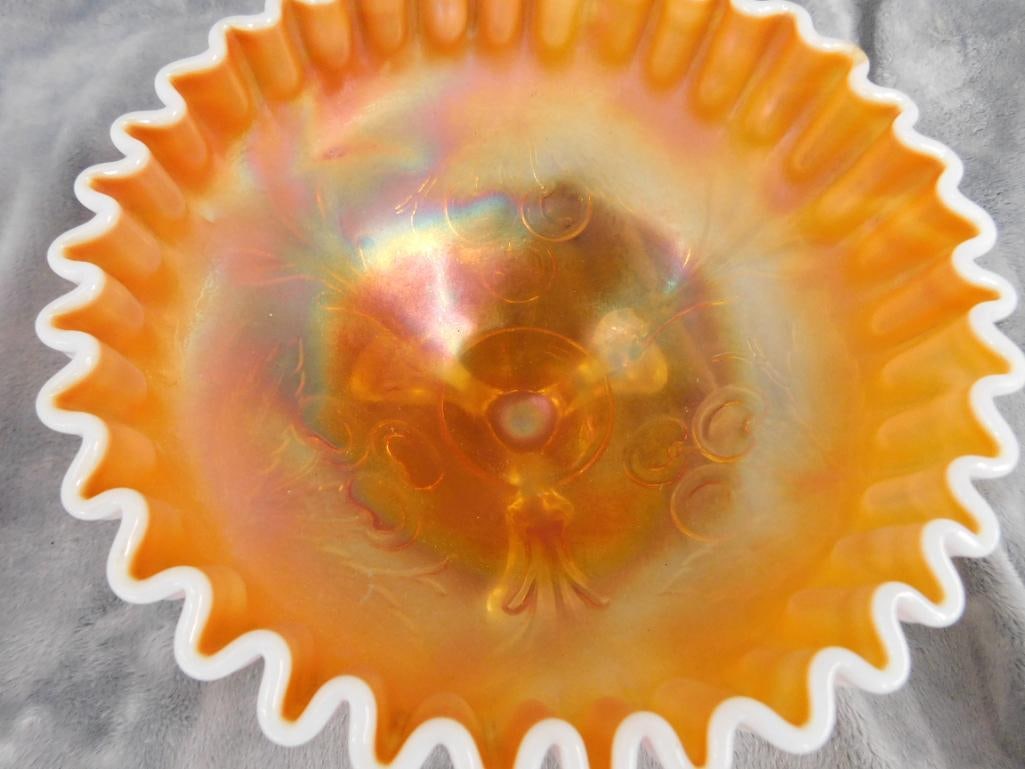 Carnival Glass Footed Bowl - Ruffled Edge - Cherry Theme - 4.25" x 6.75" - 2
