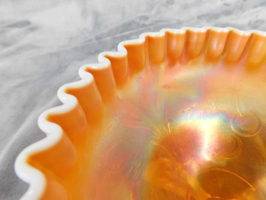 Carnival Glass Footed Bowl - Ruffled Edge - Cherry Theme - 4.25" x 6.75" - 4