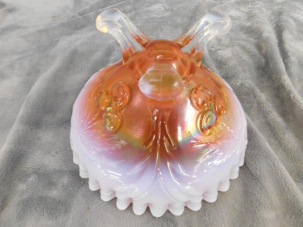 Carnival Glass Footed Bowl - Ruffled Edge - Cherry Theme - 4.25" x 6.75" - 5