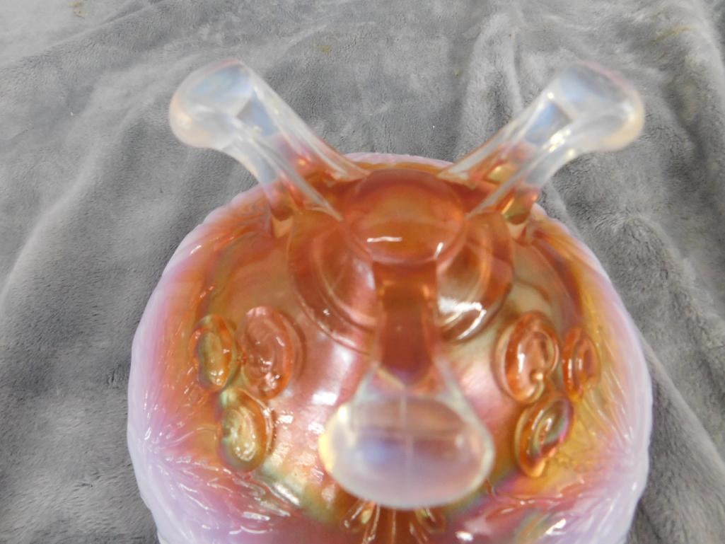 Carnival Glass Footed Bowl - Ruffled Edge - Cherry Theme - 4.25" x 6.75" - 6