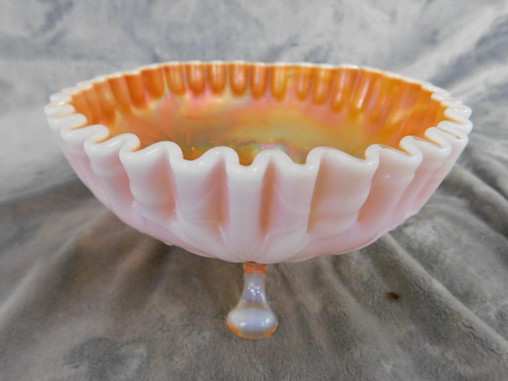 Carnival Glass Footed Bowl - Ruffled Edge - Cherry Theme - 4.25" x 6.75" - 7