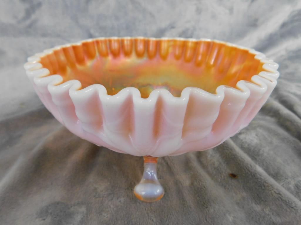 Carnival Glass Footed Bowl - Ruffled Edge - Cherry Theme - 4.25" x 6.75" - 8