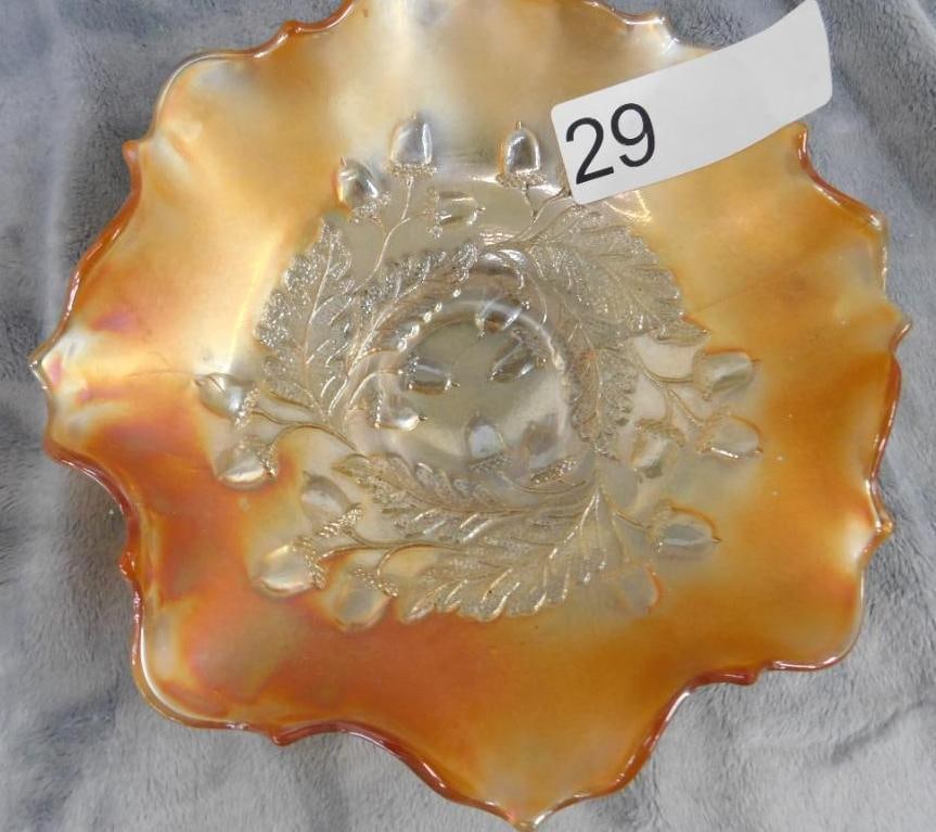 Carnival Glass Bowl - Oak Leaf and Acorn Theme - 2" x 7.5": See Photos For Condition and Details