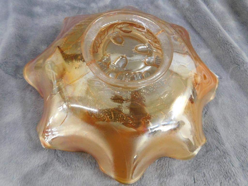 Carnival Glass Bowl - Oak Leaf and Acorn Theme - 2" x 7.5" - 4