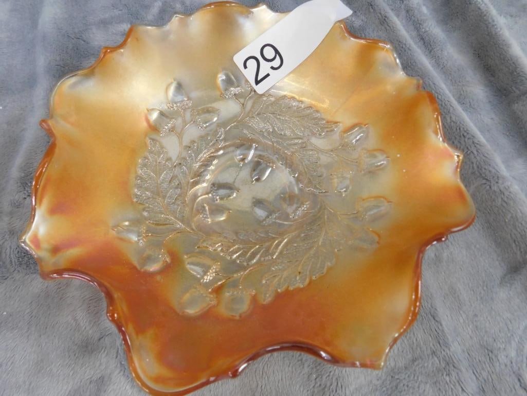 Carnival Glass Bowl - Oak Leaf and Acorn Theme - 2" x 7.5" - 7