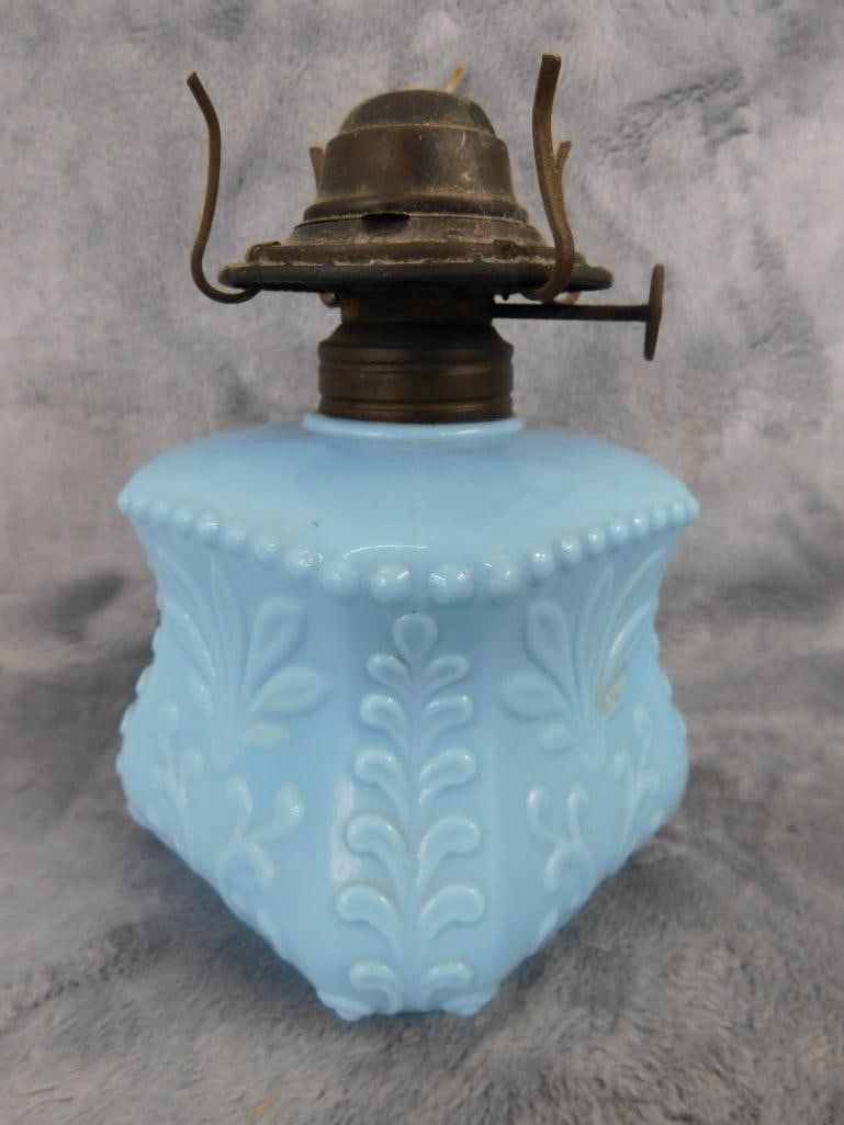 Satin Glass Lattice vase with Ruffled Rim 5" x 3.5" - Blue Glass Oil Lamp Base 5.5" Tall - 10