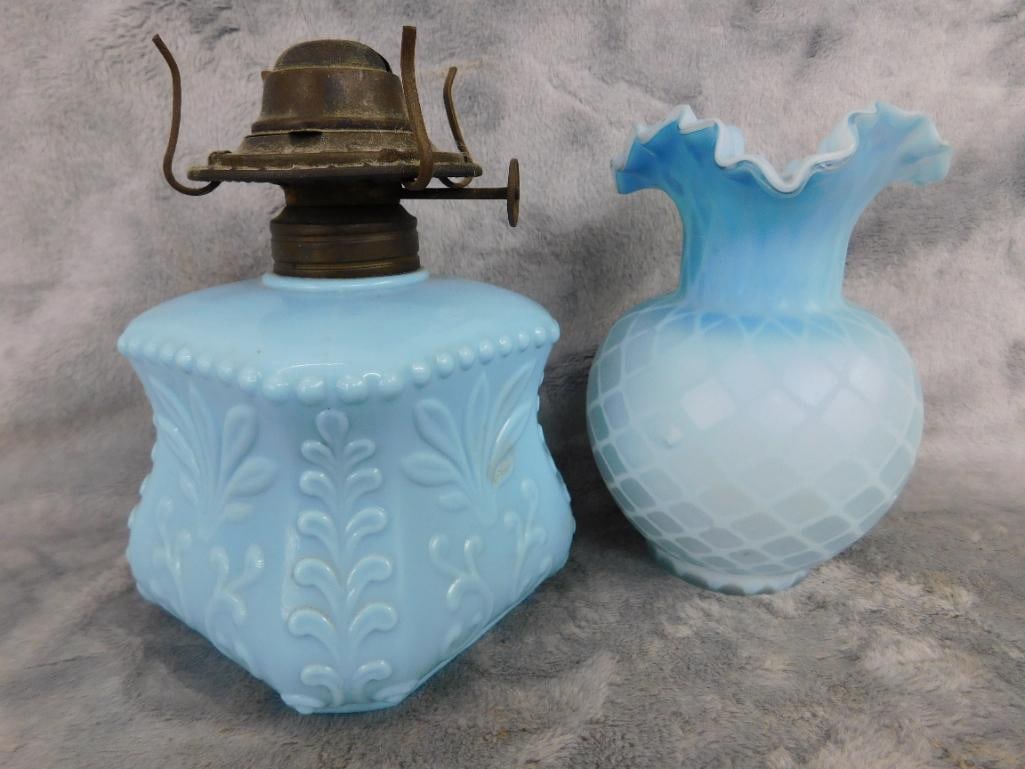 Satin Glass Lattice vase with Ruffled Rim 5" x 3.5" - Blue Glass Oil Lamp Base 5.5" Tall - 11
