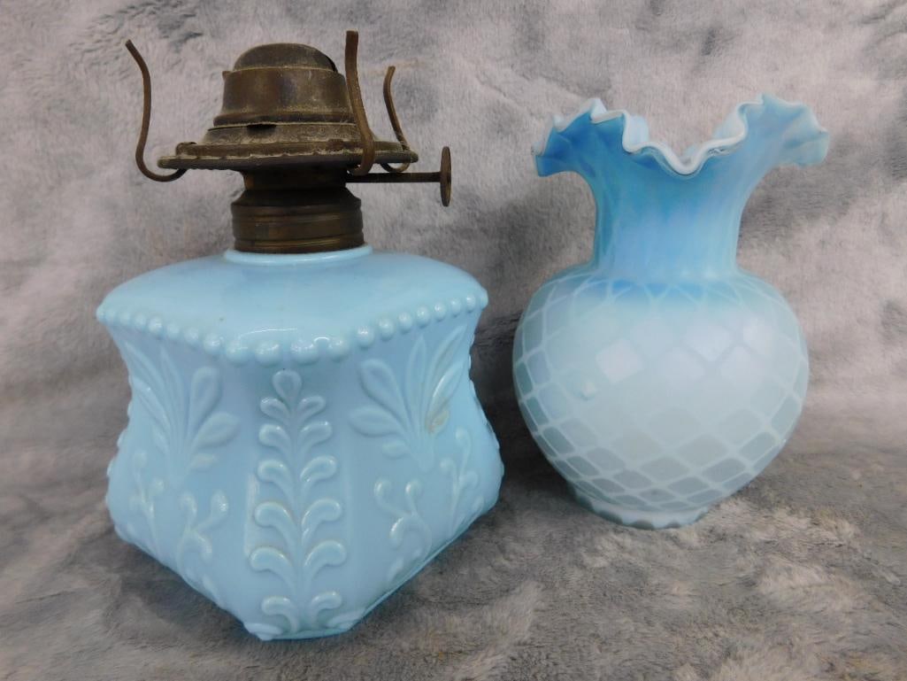 Satin Glass Lattice vase with Ruffled Rim 5" x 3.5" - Blue Glass Oil Lamp Base 5.5" Tall - 12