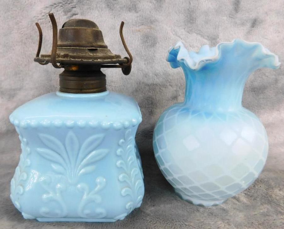 Satin Glass Lattice vase with Ruffled Rim 5" x 3.5" - Blue Glass Oil Lamp Base 5.5" Tall: See Photos For Condition and Details