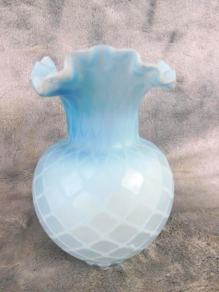 Satin Glass Lattice vase with Ruffled Rim 5" x 3.5" - Blue Glass Oil Lamp Base 5.5" Tall - 2