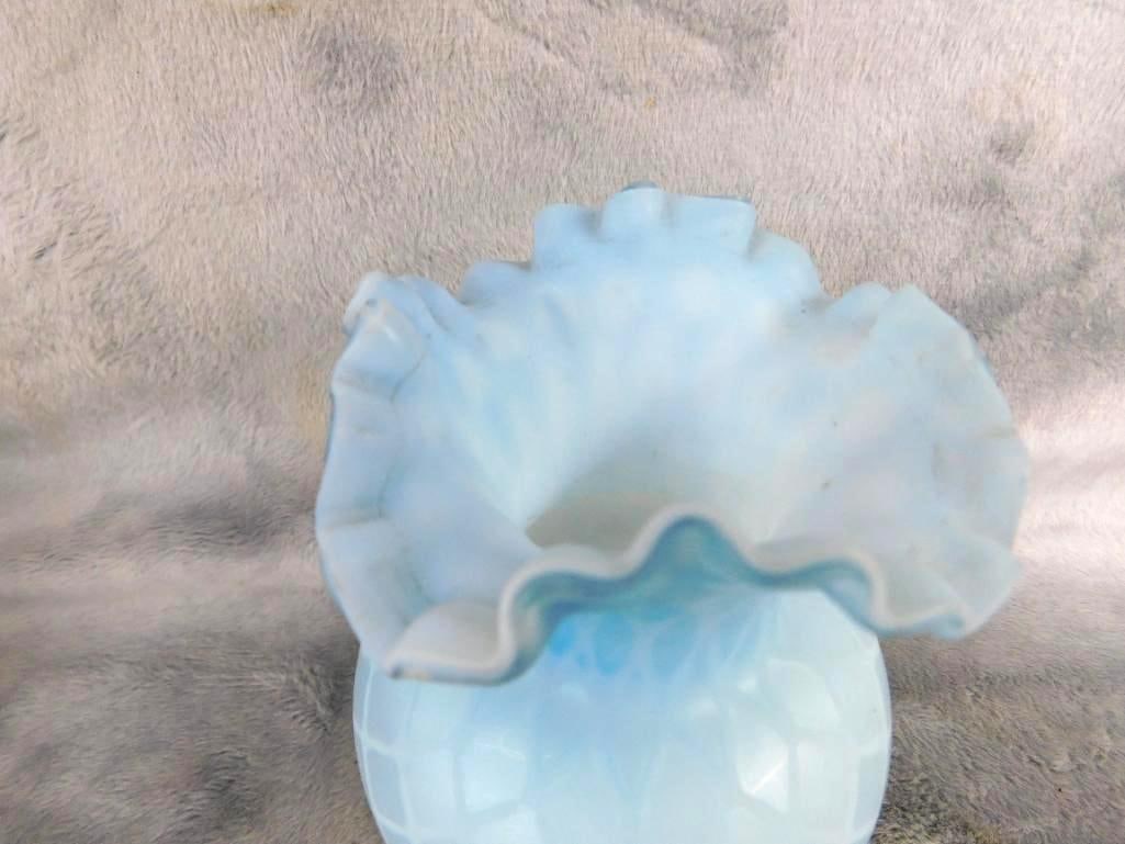 Satin Glass Lattice vase with Ruffled Rim 5" x 3.5" - Blue Glass Oil Lamp Base 5.5" Tall - 3